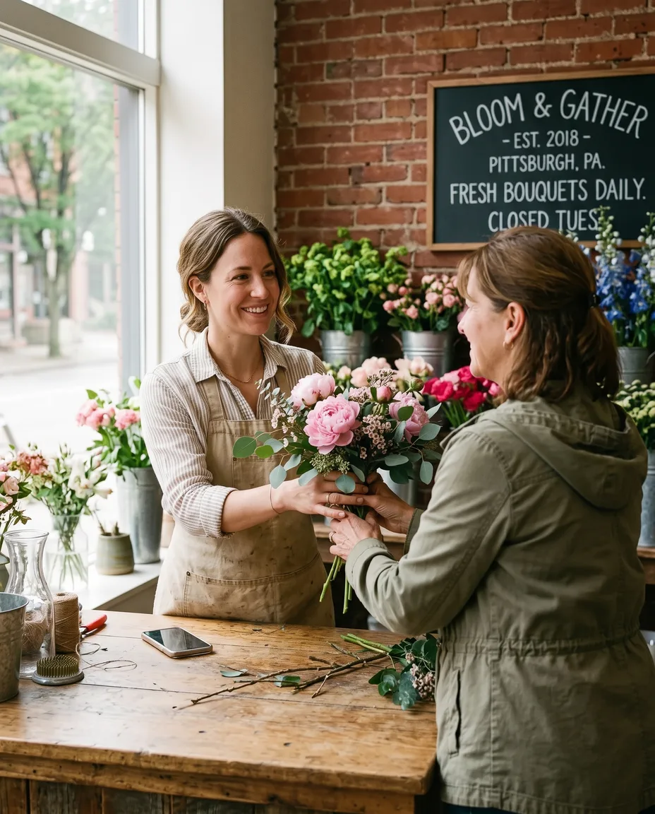 A florist hands a finished bouquet to a customer at her shop counter while her Voice coWorker, an AI receptionist, answers an incoming call for the shop
