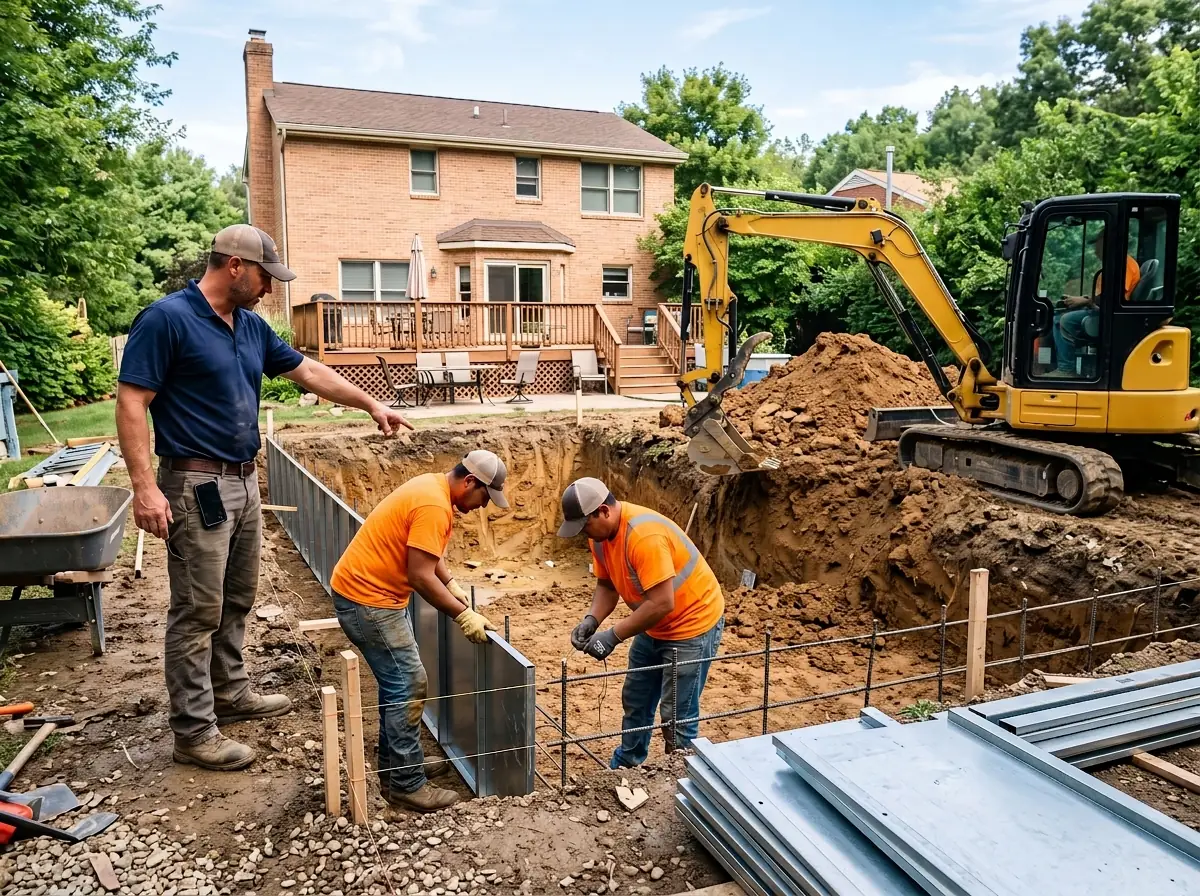 A pool company owner directing his crew as they set the walls of an inground pool, with an excavator working beside them