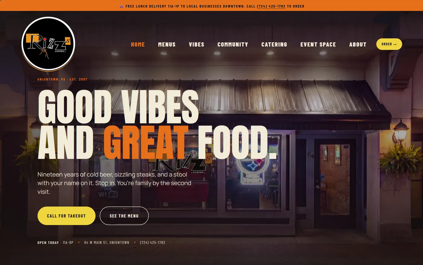 Screenshot of the actual Rizz's Restaurant & Bar homepage, live at RizzsUniontown.com