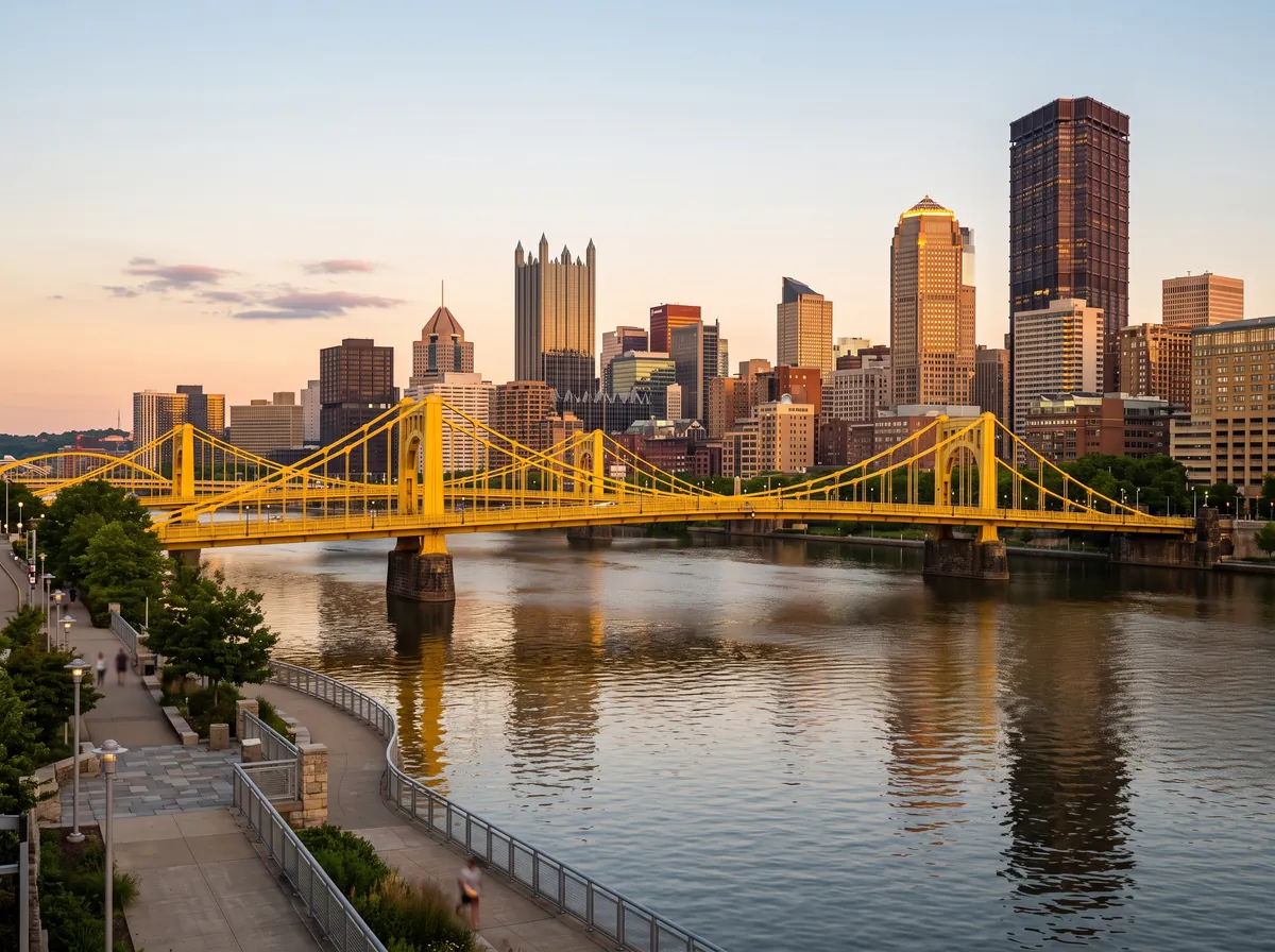 Downtown Pittsburgh skyline at sunset behind the yellow bridges over the Allegheny River